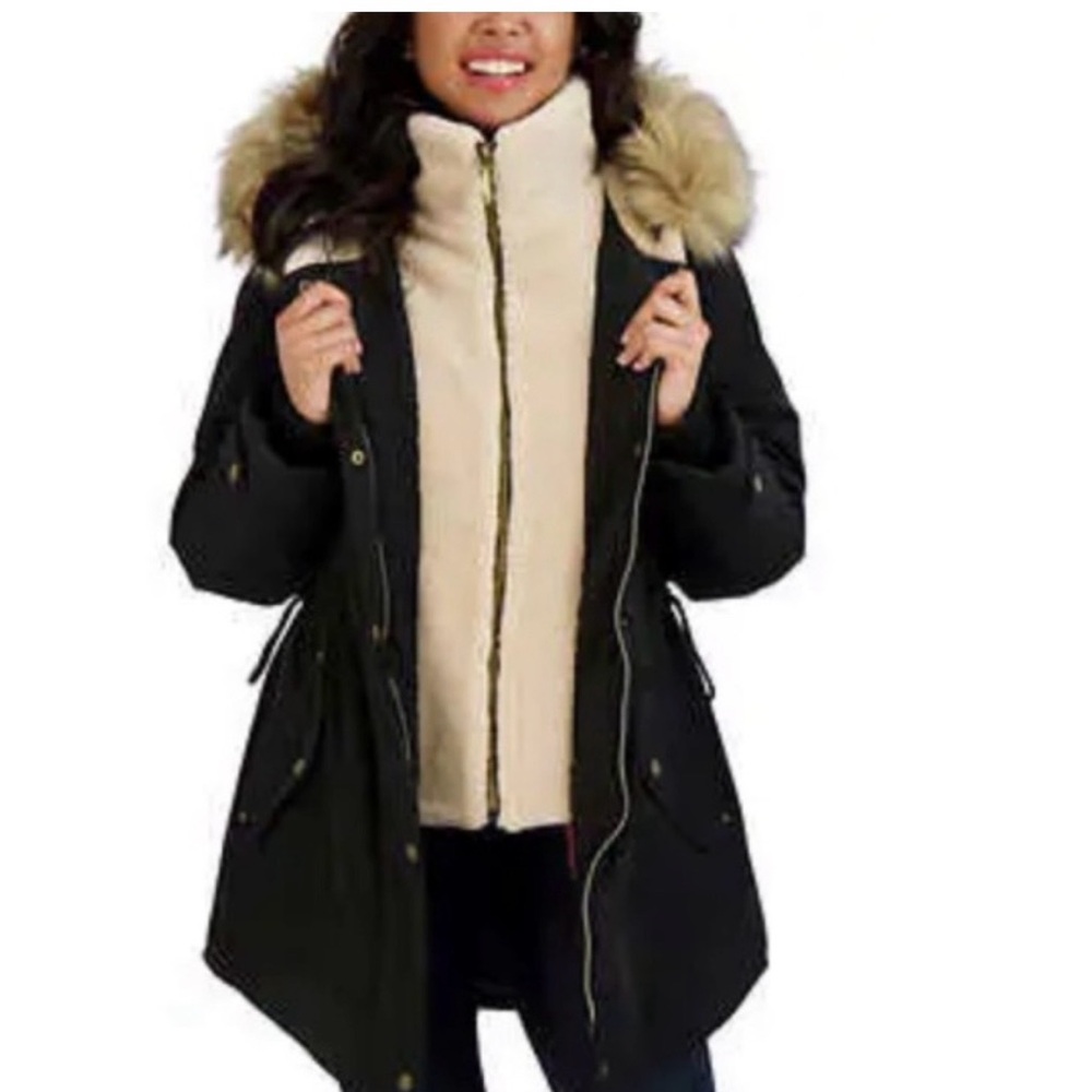 Koolaburra By Ugg .Black Jacket with Cream Faux Fur Trim.